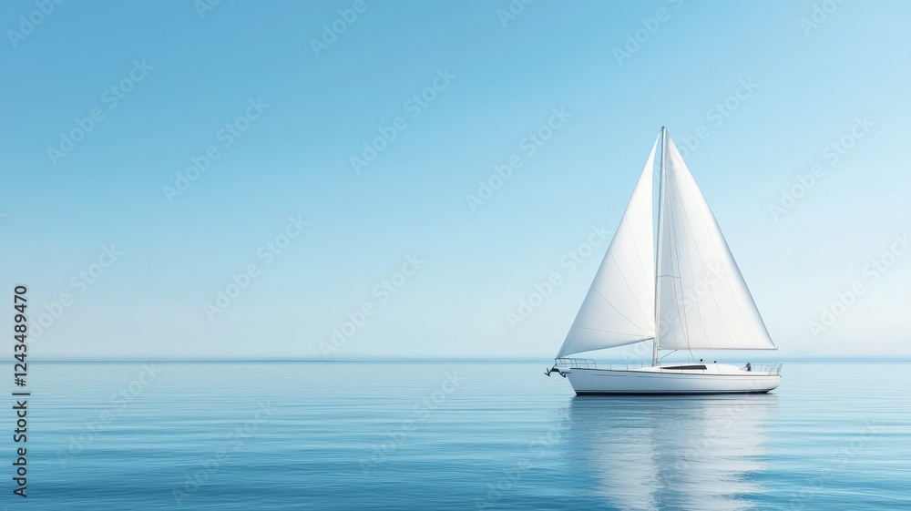 Fototapeta A serene sailboat glides across calm blue waters under a clear sky, creating a tranquil and peaceful seascape.