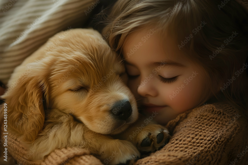 Child cuddling with a golden retriever puppy in a cozy home setting Child cuddling with a golden retriever puppy in a cozy home setting