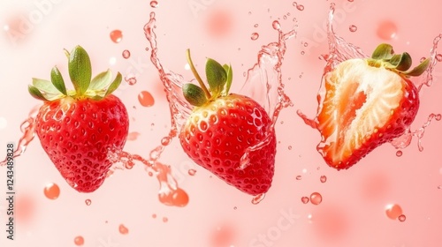 Fresh strawberries splashing in a pink-background scene, showcasing the fruit's vibrant hues and juicy texture photo