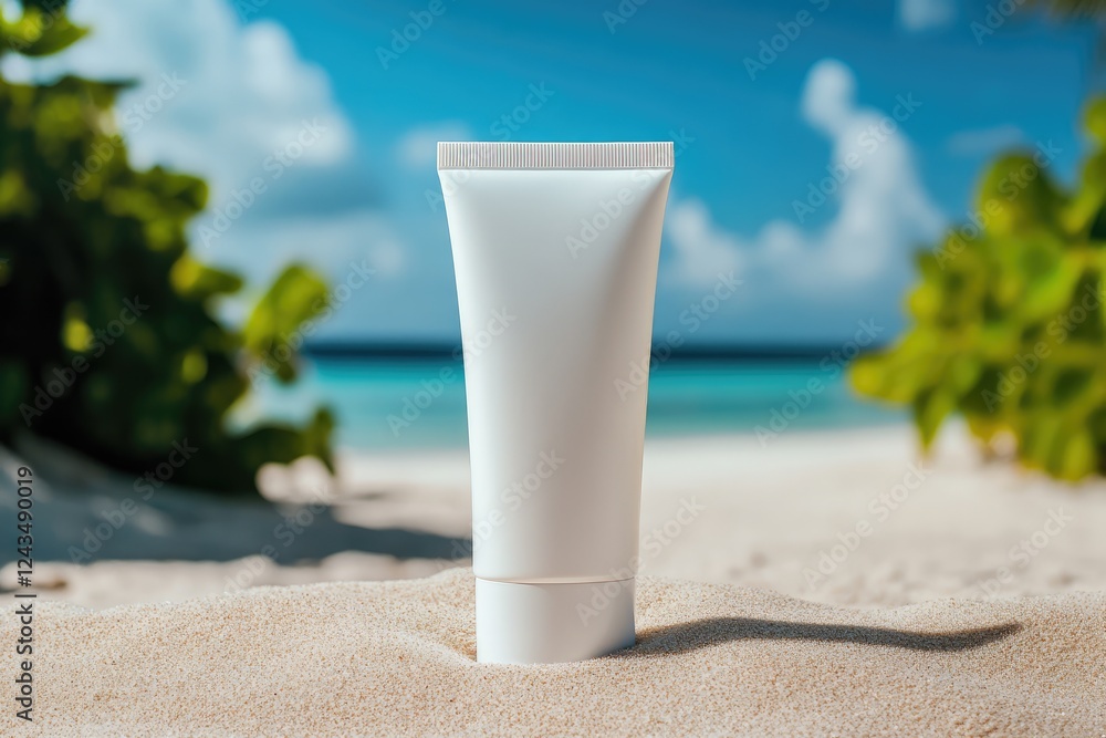 sun cream, on the beach near the sea ocean on the sand among palm trees, mockup sun cream, on the beach near the sea ocean on the sand among palm trees, mockup