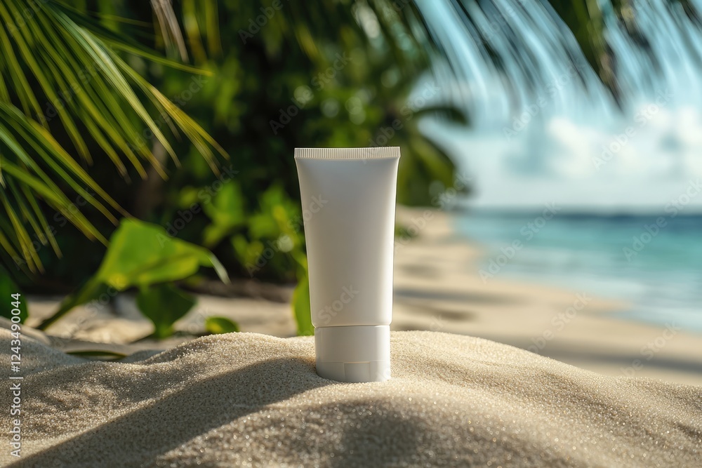 sun cream, on the beach near the sea ocean on the sand among palm trees, mockup sun cream, on the beach near the sea ocean on the sand among palm trees, mockup