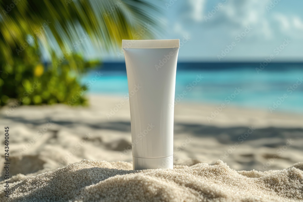 sun cream, on the beach near the sea ocean on the sand among palm trees, mockup sun cream, on the beach near the sea ocean on the sand among palm trees, mockup