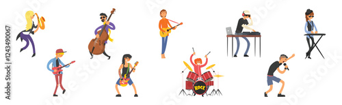 Man Character Rock Musician Play Musical Instrument Vector Set