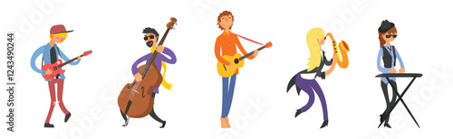 Man Character Musician Play Musical Instrument Vector Set