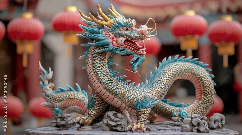 Fototapeta premium A vibrant dragon sculpture with intricate detailing, set against a backdrop of red lanterns, symbolizing cultural significance and artistry.