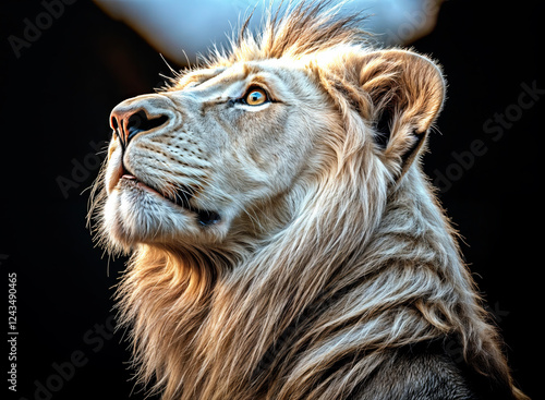 Close-up view of a lion's head, highlighting the intricate details of its mane and facial features.