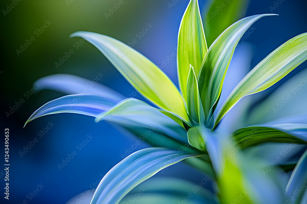 Obraz premium Close-up macro view of bright blue and green tropical plant leaves with a moody background