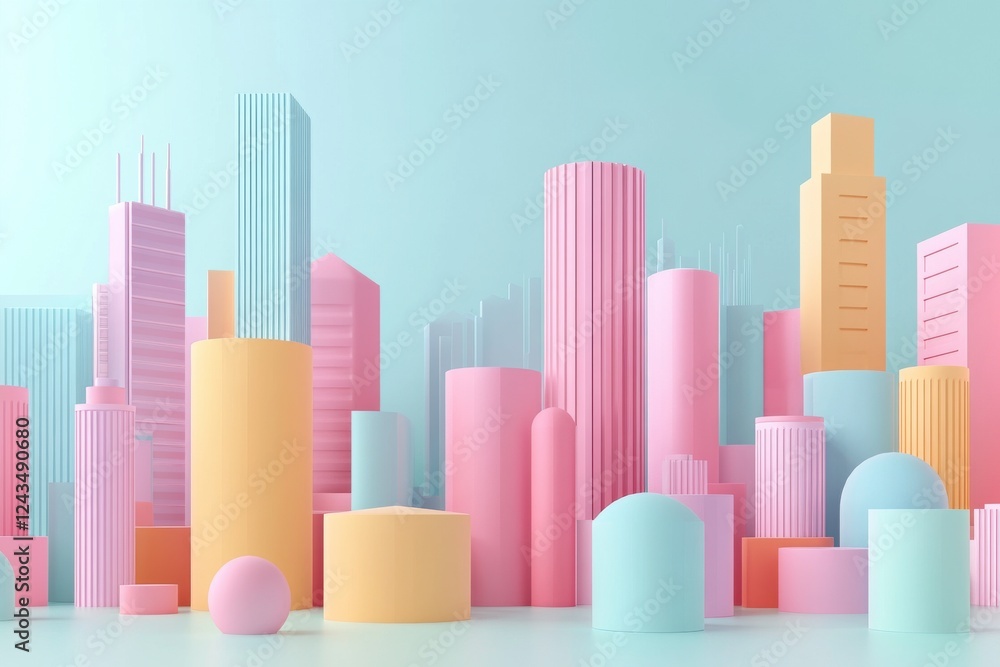 A colorful cityscape made of geometric shapes in pastel hues, showcasing modern architecture against a soft blue background. A colorful cityscape made of geometric shapes in pastel hues, showcasing modern architecture against a soft blue background.
