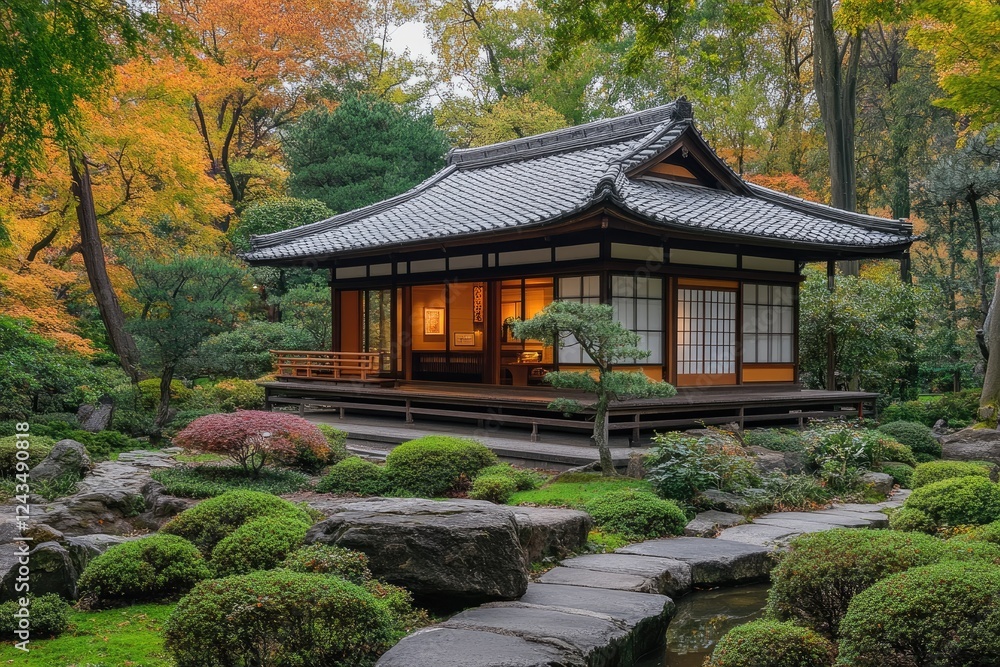 Traditional japanese house surrounded by a lush garden in autumn Traditional japanese house surrounded by a lush garden in autumn