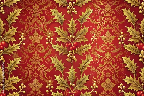 Vintage-inspired red and gold damask pattern featuring festive holly leaves and berries, festive atmosphere, holiday party, holly berries, rich colors