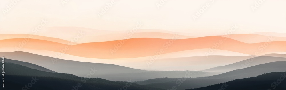 Fototapeta premium Gradient sunset transitions from amber to soft hues over serene mountain landscape at twilight