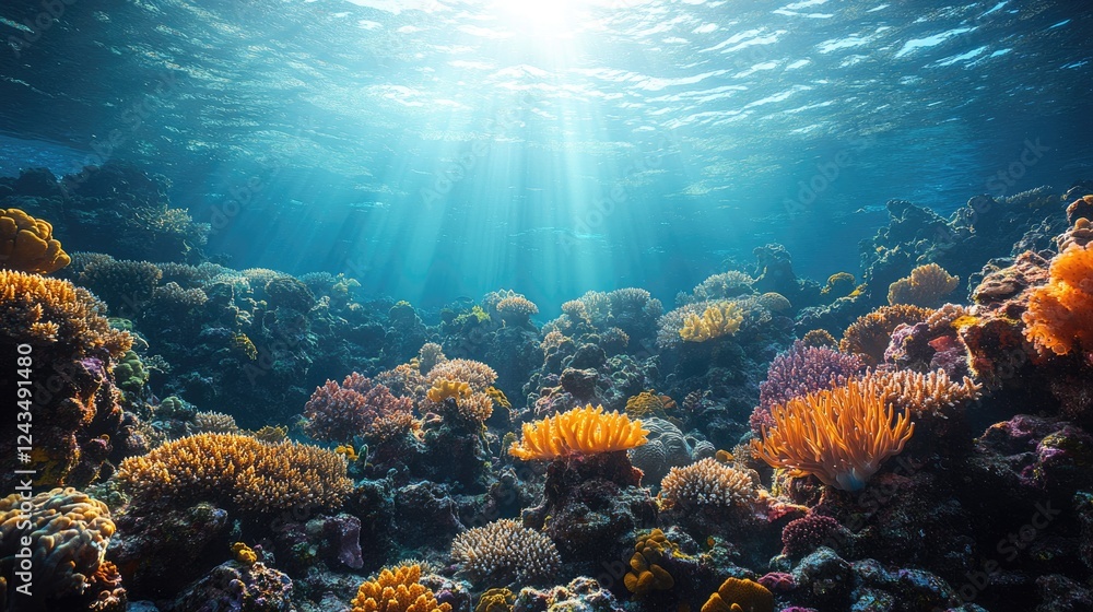 Naklejka premium Vibrant coral reef teeming with life, illuminated by sunlight filtering through water, showcasing marine biodiversity