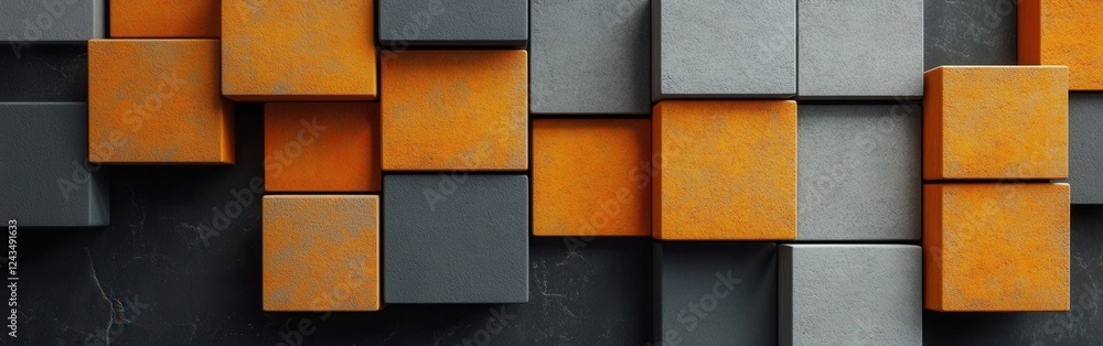 Fototapeta premium Minimalist arrangement of amber and gray blocks creating a modern artistic composition on a textured surface