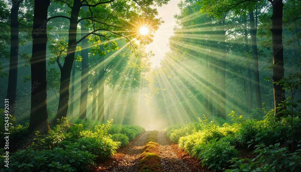Obraz premium Mystical forest path illuminated by morning sun, serene beauty