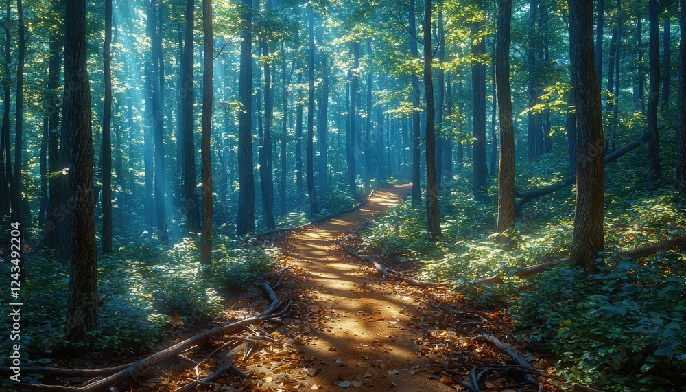Obraz premium Sunlit Path Through a Mystical Forest Scene