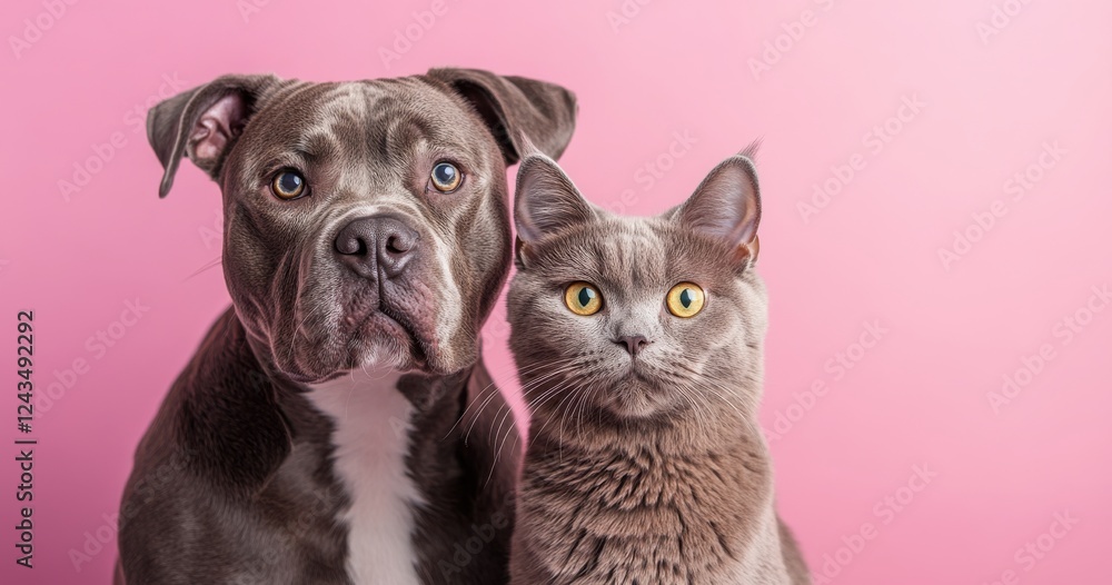 Obraz premium Adorable dog and cat looking at the camera together with a vibrant pink background, showcasing friendship and companionship in pets