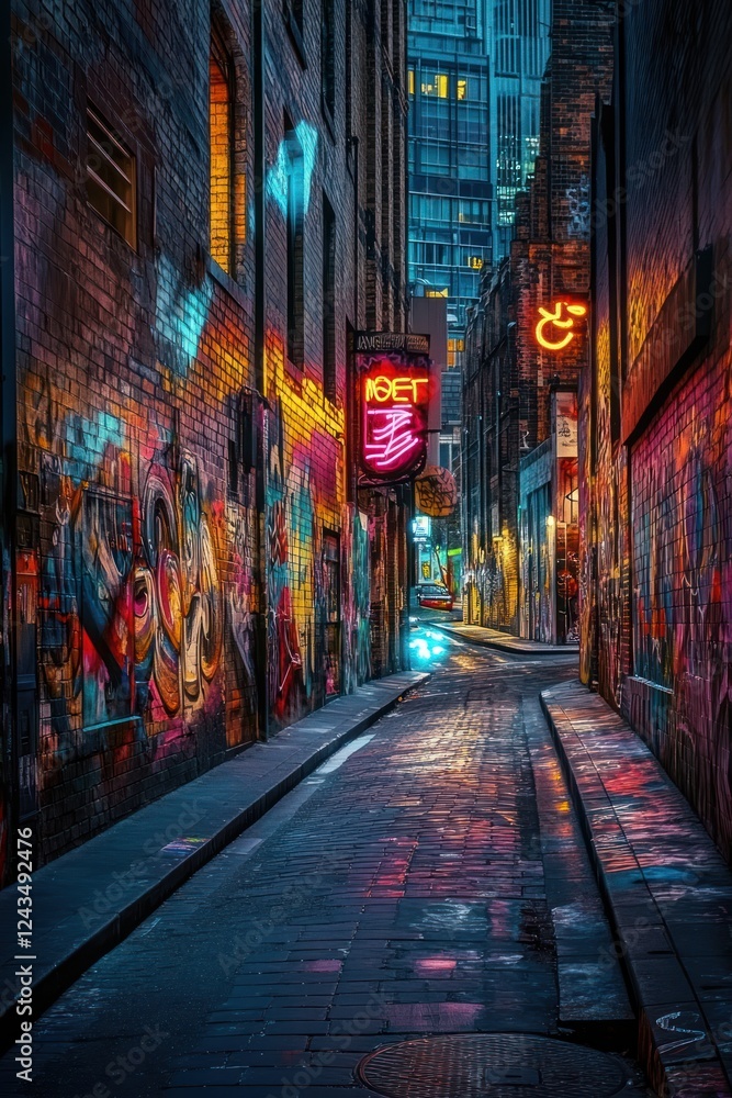 Fototapeta premium Night alley, city graffiti, vibrant lights, urban exploration, background cityscape