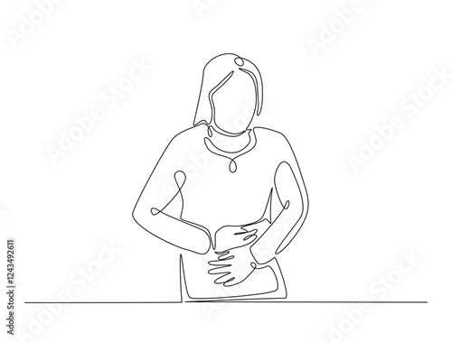 Continuous line art drawing of woman suffering from abdominal pain. Woman feel pain in her stomach single line art drawing vector illustration. Editable stroke.