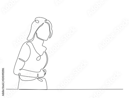Continuous line art drawing of woman suffering from abdominal pain. Woman feel pain in her stomach single line art drawing vector illustration. Editable stroke.