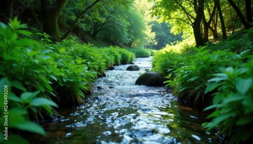 Water flows through a narrow, overgrown river channel, nature, rivers