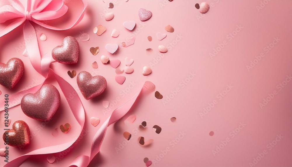 Fototapeta premium top view photo of valentine s day decorations glitter pink curly ribbon and heart shaped confetti on isolated pastel pink background copy space