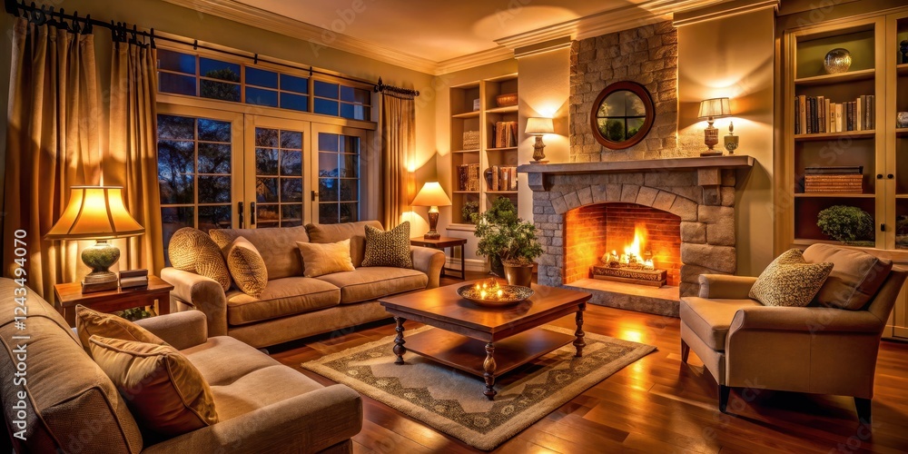 Warm golden glow from a crackling fireplace illuminates a cozy living room at night, with plush furniture and soft lighting creating a inviting atmosphere , cozy living room, soft lighting Warm golden glow from a crackling fireplace illuminates a cozy living room at night, with plush furniture and soft lighting creating a inviting atmosphere , cozy living room, soft lighting