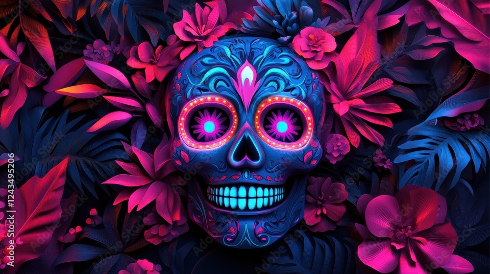 Vibrant Sugar Skull Surrounded by Colorful Flowers and Leaves Vibrant Sugar Skull Surrounded by Colorful Flowers and Leaves