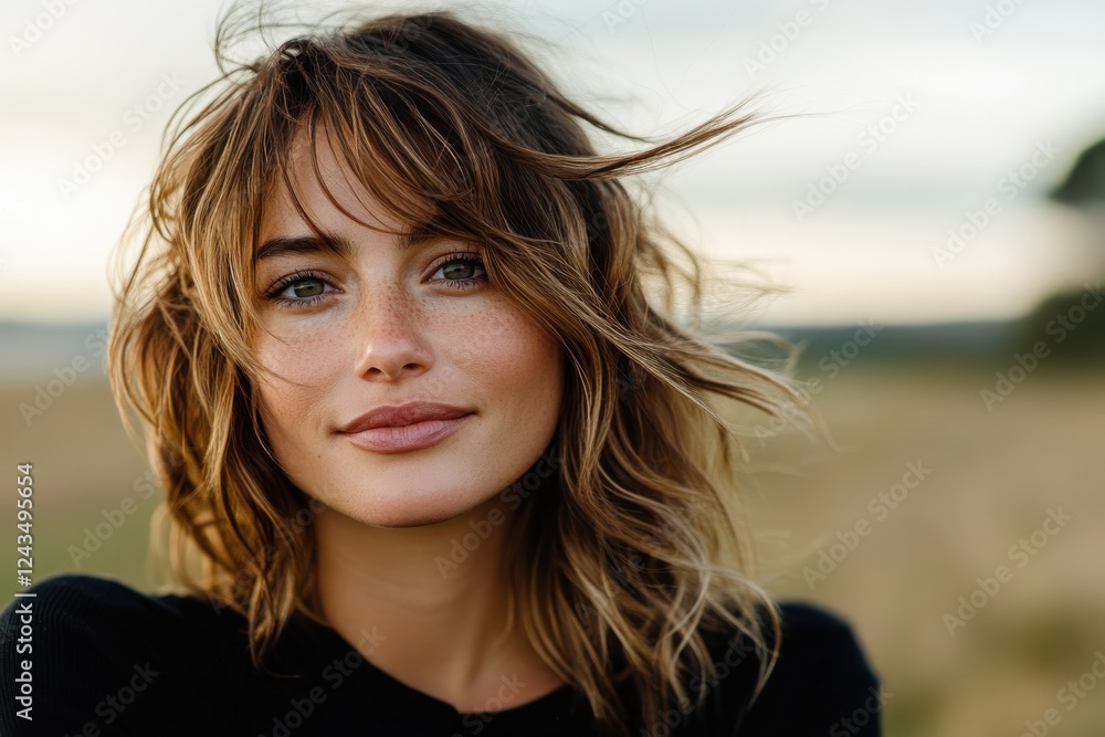 A captivating portrait of a young woman with wavy hair lit by natural sunlight, exuding confidence and warmth in a serene outdoor setting that reflects joy and connection to nature. A captivating portrait of a young woman with wavy hair lit by natural sunlight, exuding confidence and warmth in a serene outdoor setting that reflects joy and connection to nature.