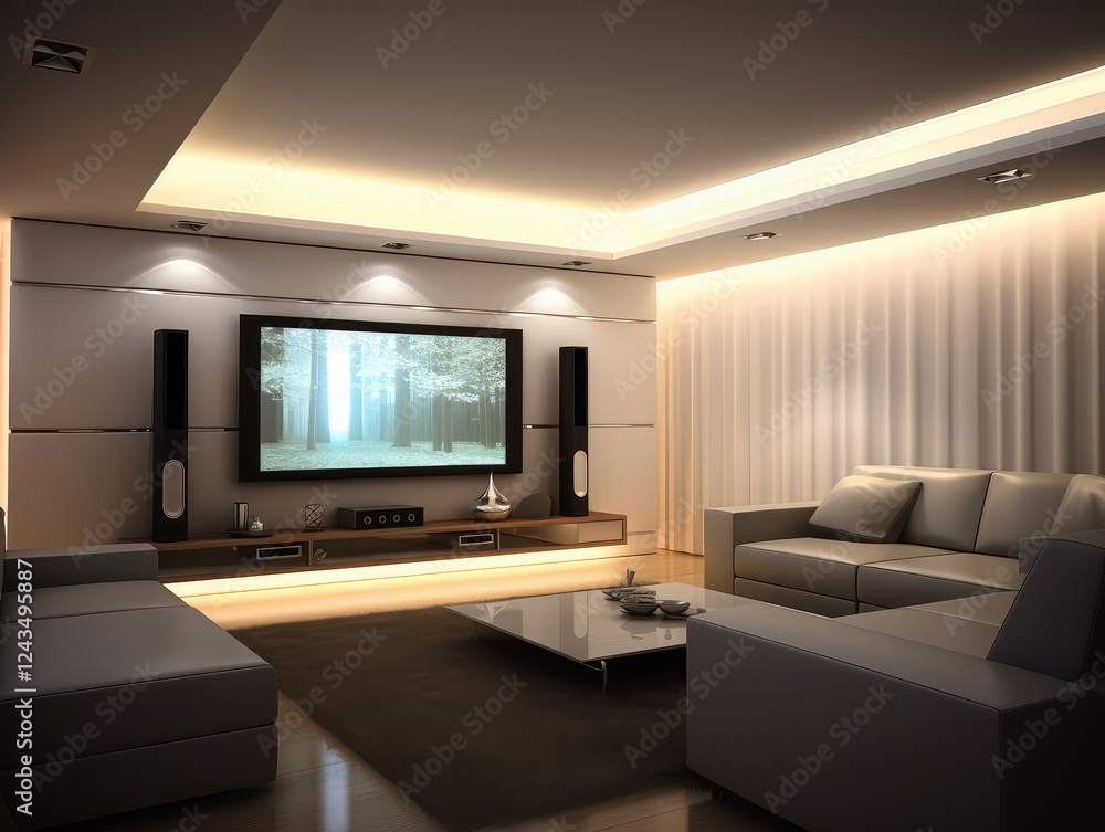 Modern Home Theater Design with Ambient Lighting and Comfortable Seating Modern Home Theater Design with Ambient Lighting and Comfortable Seating