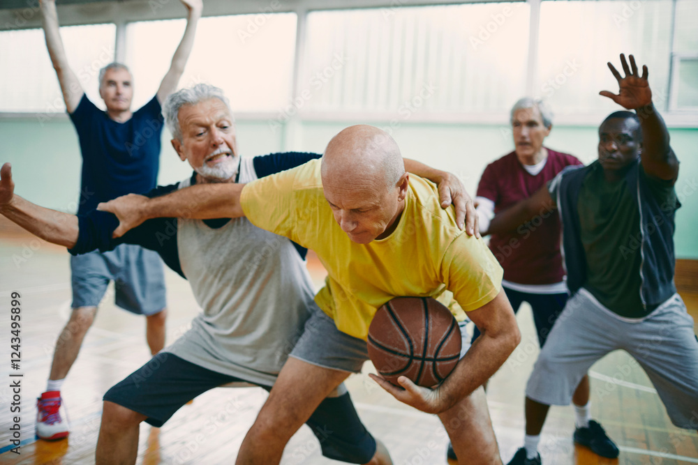 Senior men playing basketball in gym with energy and teamwork Senior men playing basketball in gym with energy and teamwork