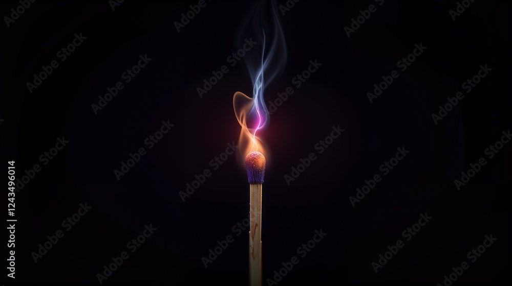Matchstick burning with colorful flames and smoke swirling in a dark background Matchstick burning with colorful flames and smoke swirling in a dark background