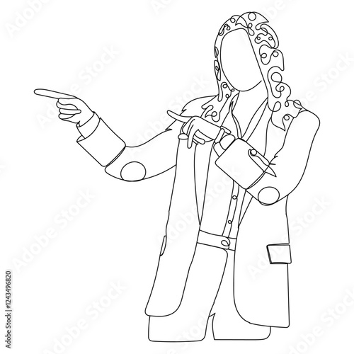 Dessin en ligne continue d'une femme d'affaires pointant quelque chose à sa droite, line art, vecteur