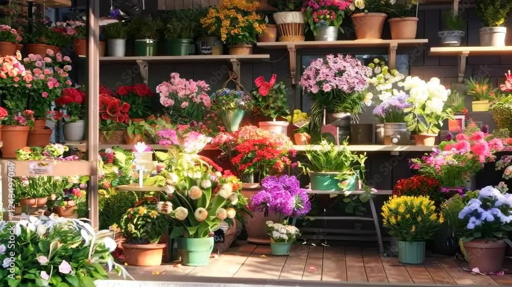 Vibrant flower shop display with blooming floral arrangement and shelves Vibrant flower shop display with blooming floral arrangement and shelves