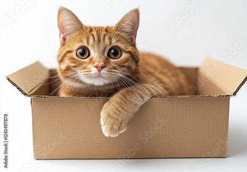 Adorable fluffy orange cat resting comfortably inside a cardboard box with a curious expression on its face against a clean white background