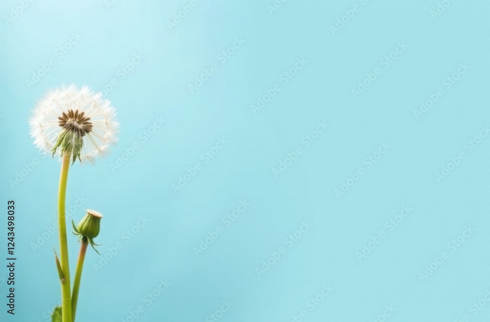 Fototapeta premium White dandelion on blue background with space for text, card template