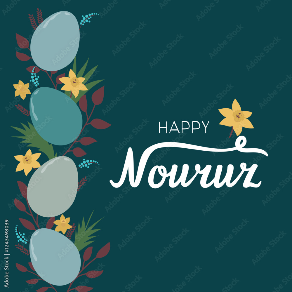 Fototapeta premium Happy Nouruz vector card. Novruz Bayram with painted eggs. 