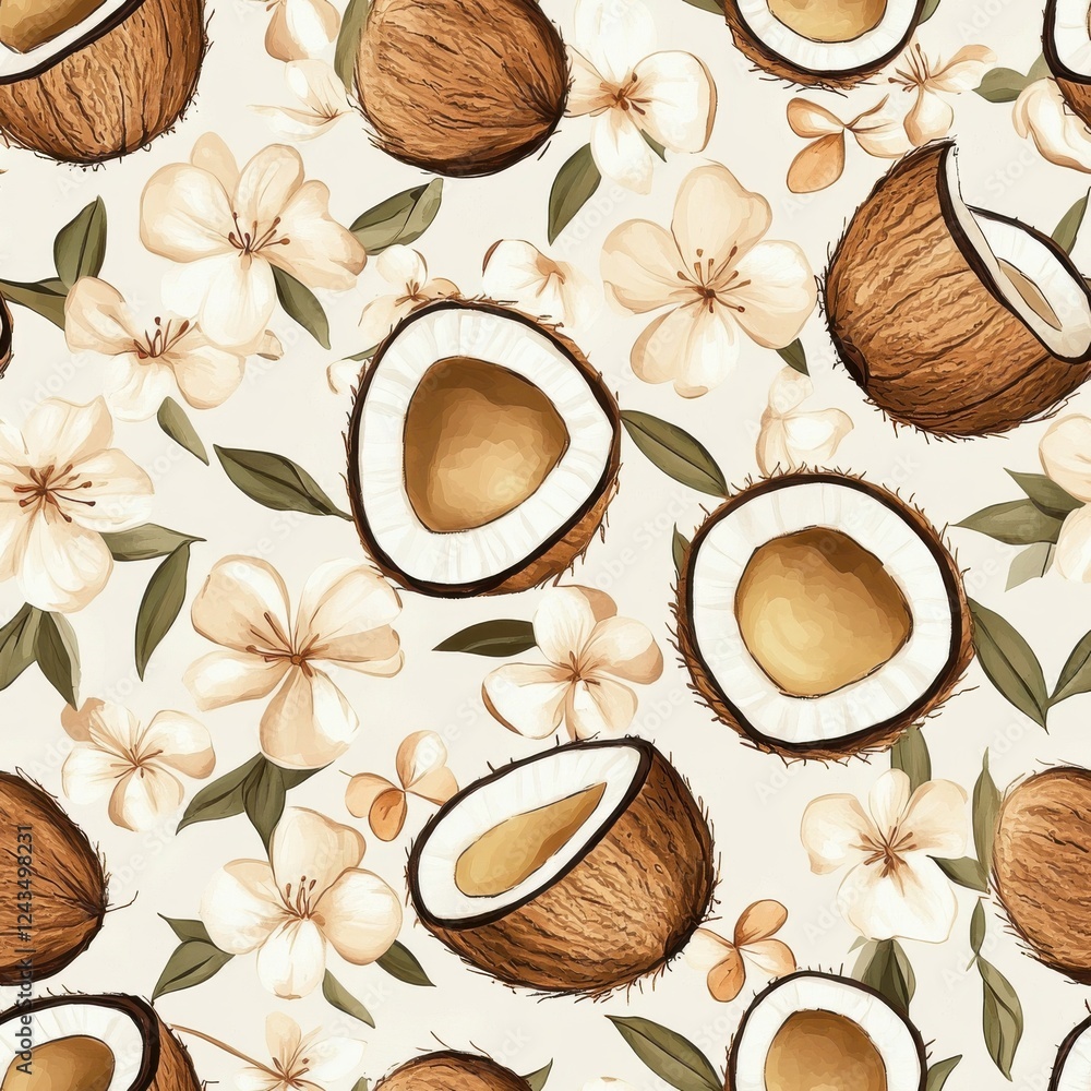 Whimsical watercolor doodles featuring cut coconuts and delicate flowers in a charming pattern