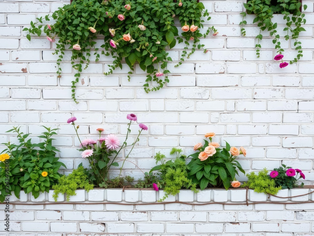 Naklejka premium White brick wall with plants and flowers, cacti, landscape, wildflowers