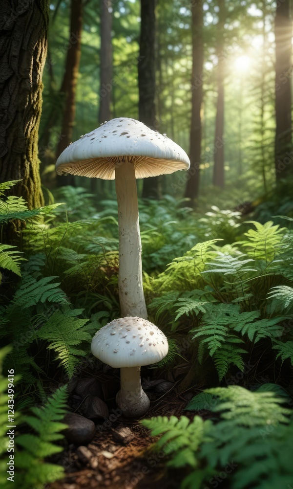 Fototapeta premium White mushroom surrounded by ferns and dappled sunlight in the forest, sunlight filtering through leaves, vibrant