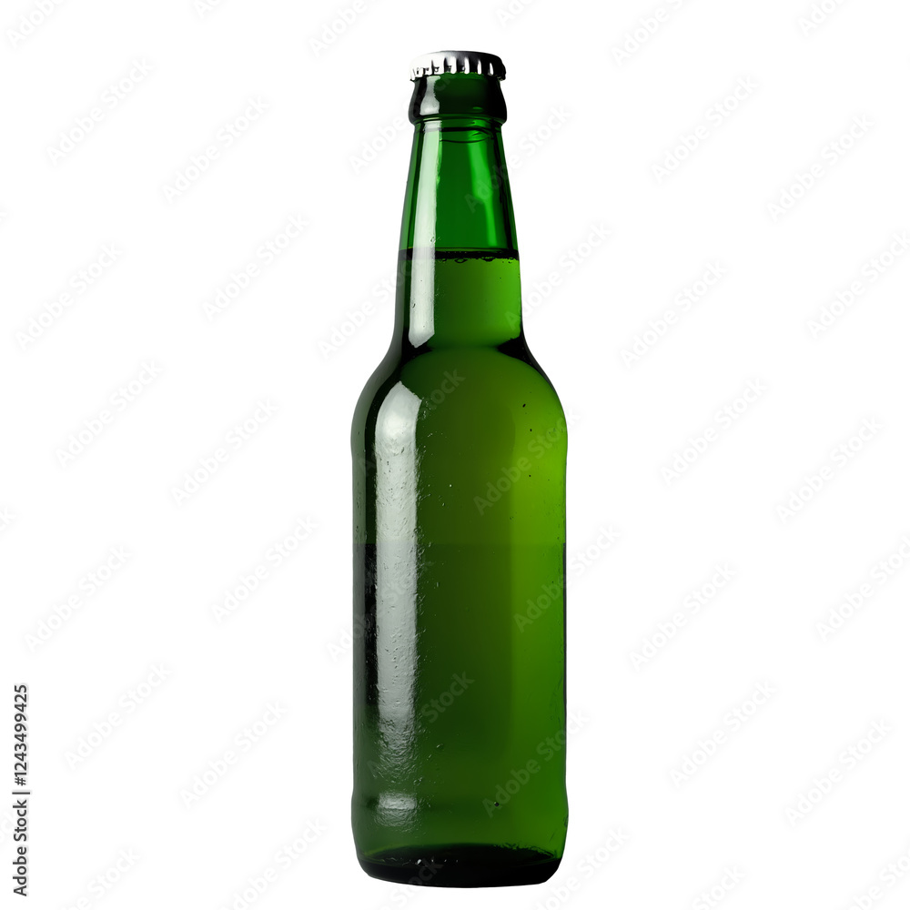 Green glass bottle filled with refreshing beverage on isolated white background, perfect for any occasion or celebration with clear visibility and clean design Green glass bottle filled with refreshing beverage on isolated white background, perfect for any occasion or celebration with clear visibility and clean design