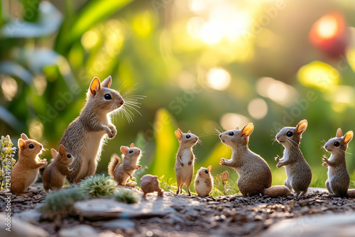 Group of small animals standing attentively in a sunny outdoor setting