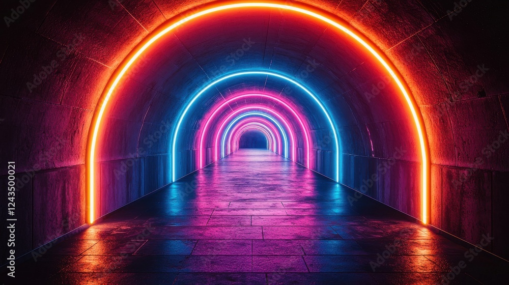 Fototapeta premium 3D rendering of an empty room with radiant neon lights glowing along the walls, casting a colorful aura. Ideal for futuristic, digital, or modern-themed projects requiring a vibrant backdrop.