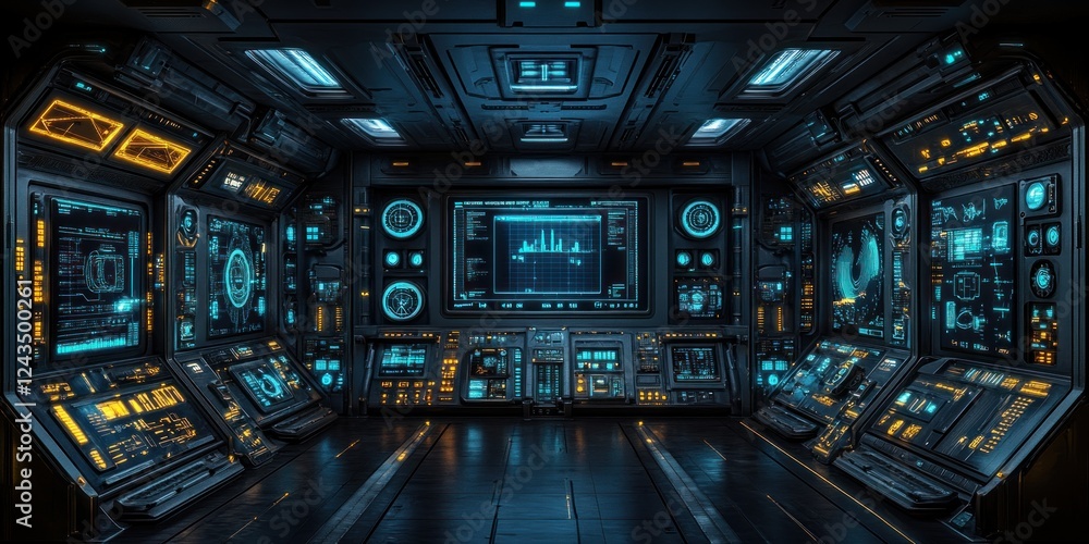 Fototapeta premium Futuristic Spaceship Bridge: A 3D Render of a High-Tech Control Room