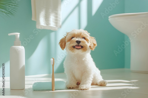 Happy puppy next to a toothbrush in a bright indoor setting promoting pet care