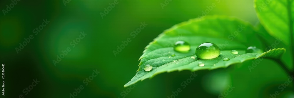 Fototapeta premium Tiny droplets on a lush green leaf against a natural background, purity, green leaf, organic