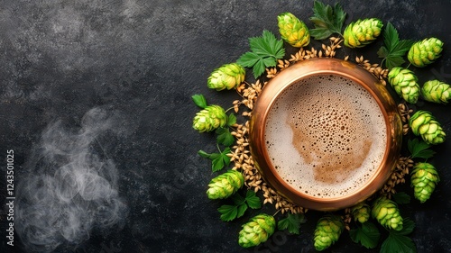 Craft beer in copper brewing pot by hops and malts on a dark surface. Alcoholic brewed beverage ingredient. photo