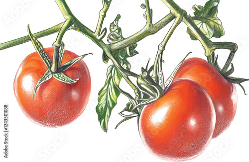 Watercolor vector illustrations drawings of three red ripe fresh tomatoes