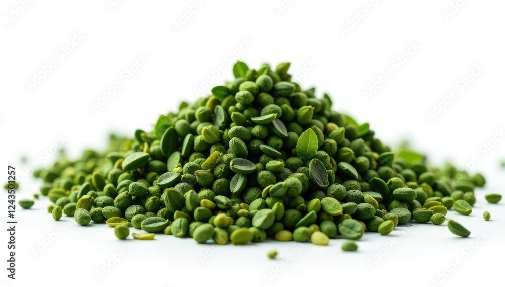 Towering green tea piles isolated on white background, tea, tea piles, peaceful Towering green tea piles isolated on white background, tea, tea piles, peaceful