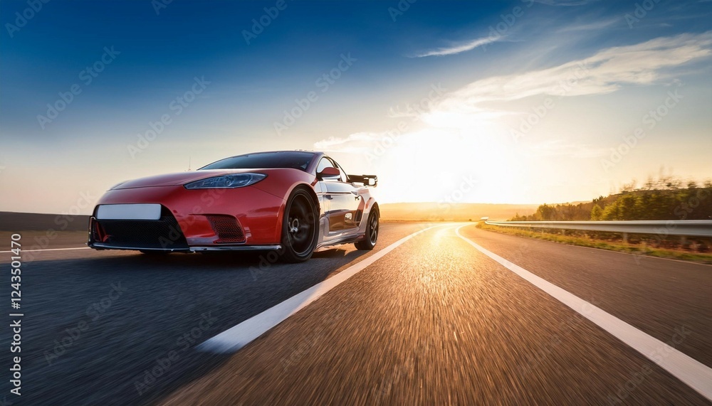 Fototapeta premium sporty silver car racing under morning sunlight modern red car on road