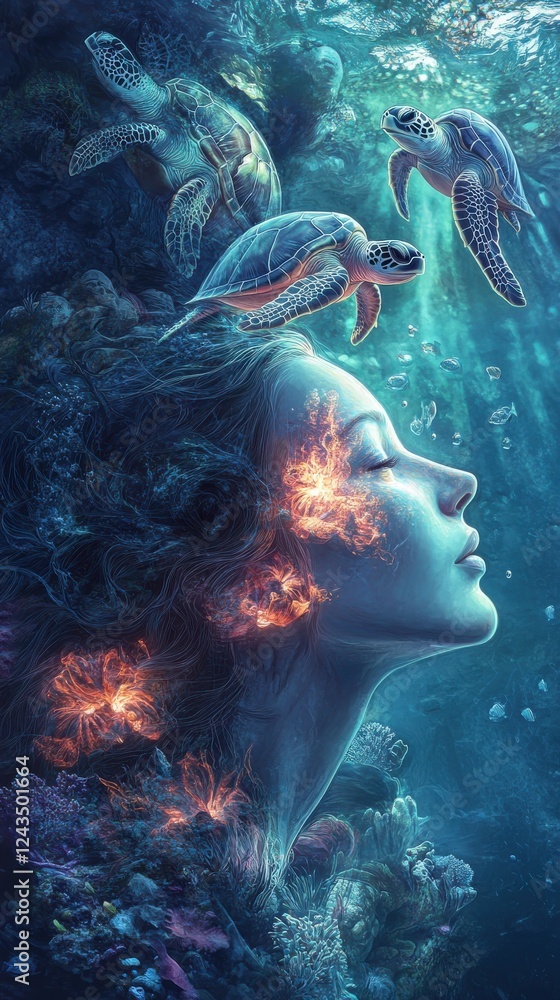 Surreal woman glowing amidst underwater turtles and vibrant marine life Surreal woman glowing amidst underwater turtles and vibrant marine life